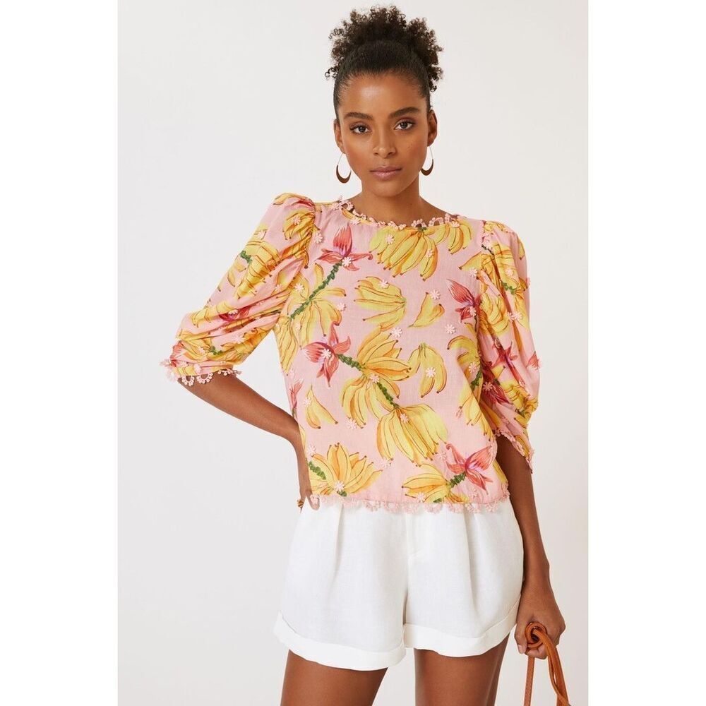 Anthropologie Farm Rio Banana Taste Applique Puff Sleeve Blouse Pink Small S NEW